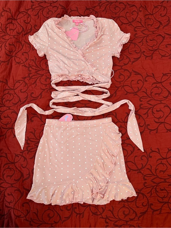Sugar Thrillz Dresses & Skirts - Sugar Thrillz Pink Polka Dot Wrap Crop Top & Ruffle Skirt Set
